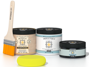 Retique It® Classic Black Brush-On Kit with Matte TripleTique® includes a brush, Light Wood primer, Classic Black Gel Stain Alternative, Matte TripleTique® top coat, and a yellow sponge.
