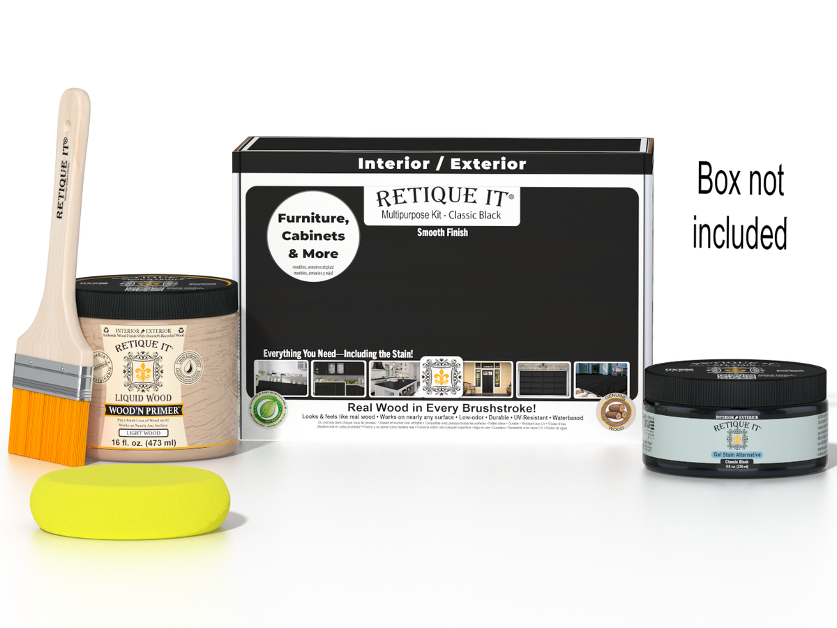 Retique It® Classic Black Brush-On Kit shown with the Classic Black Multipurpose Kit box, brush, Light Wood primer, Classic Black Gel Stain Alternative, and a yellow sponge.