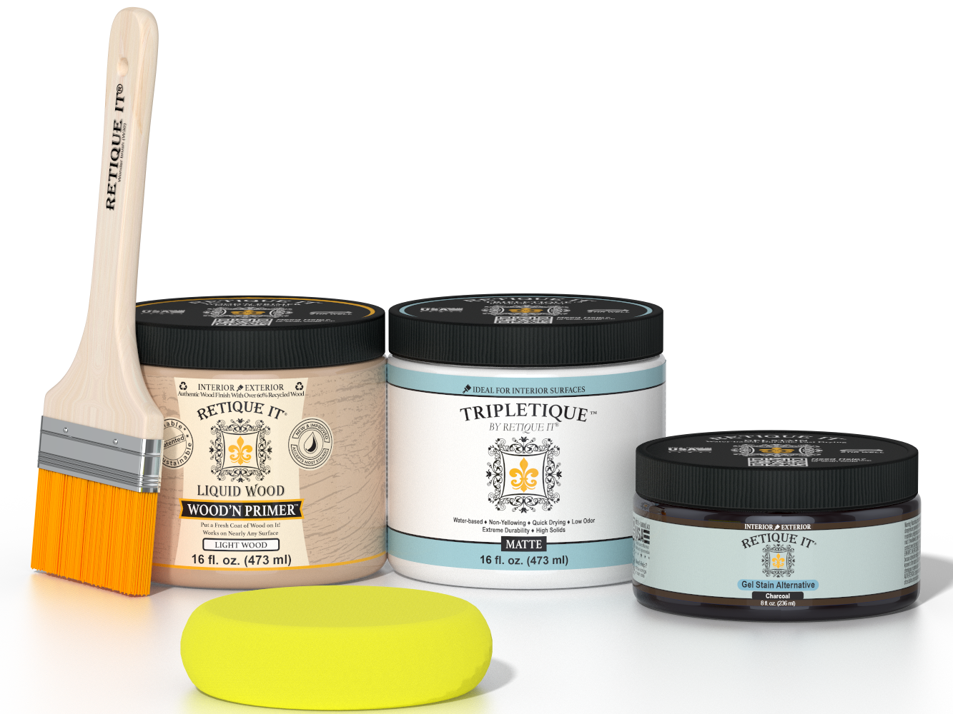 Retique It® Charcoal Brush-On Kit with Matte TripleTique® includes a brush, Light Wood primer, Charcoal Gel Stain Alternative, Matte TripleTique® top coat, and a yellow sponge.