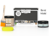 Retique It® Charcoal Brush-On Kit shown with the Charcoal Multipurpose Kit box, brush, Light Wood primer, Charcoal Gel Stain Alternative, and a yellow sponge.