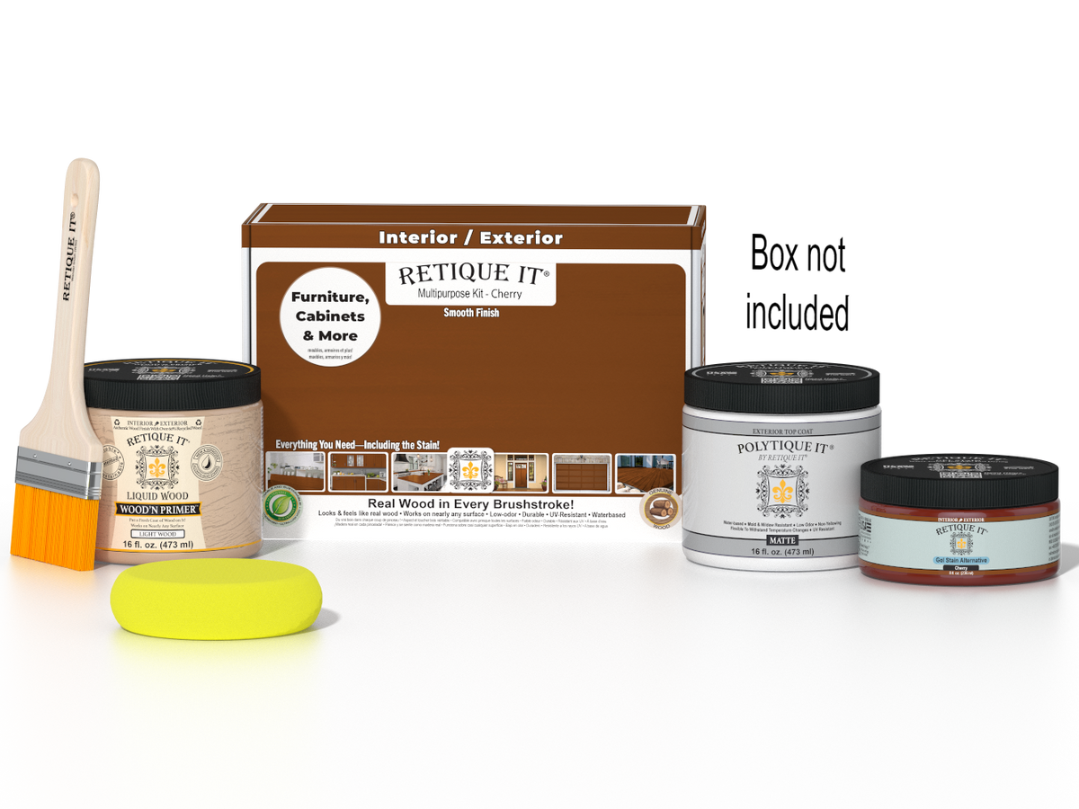 Retique It® Cherry Brush-On Kit with Matte PolyTique® shown with the Cherry Multipurpose Kit box, brush, Light Wood primer, Cherry Gel Stain Alternative, Matte PolyTique® top coat, and a yellow sponge.