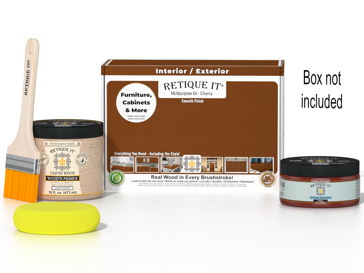 Retique It® Cherry Brush-On Kit shown with the Cherry Multipurpose Kit box, brush, Light Wood primer, Cherry Gel Stain Alternative, and a yellow sponge.