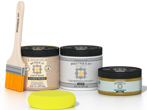 Retique It® Old Oak Brush-On Kit with Matte PolyTique® includes a brush, Light Wood primer, Old Oak Gel Stain Alternative, Matte PolyTique® top coat, and a yellow sponge.