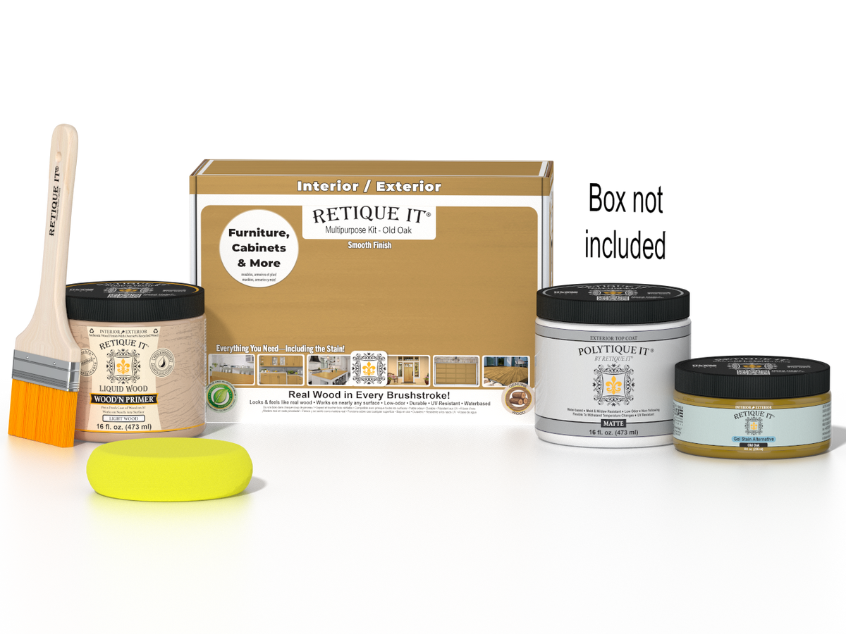 Retique It® Old Oak Brush-On Kit shown with the Old Oak Multipurpose Kit box, brush, Light Wood primer, Old Oak Gel Stain Alternative, Matte PolyTique® top coat, and a yellow sponge.