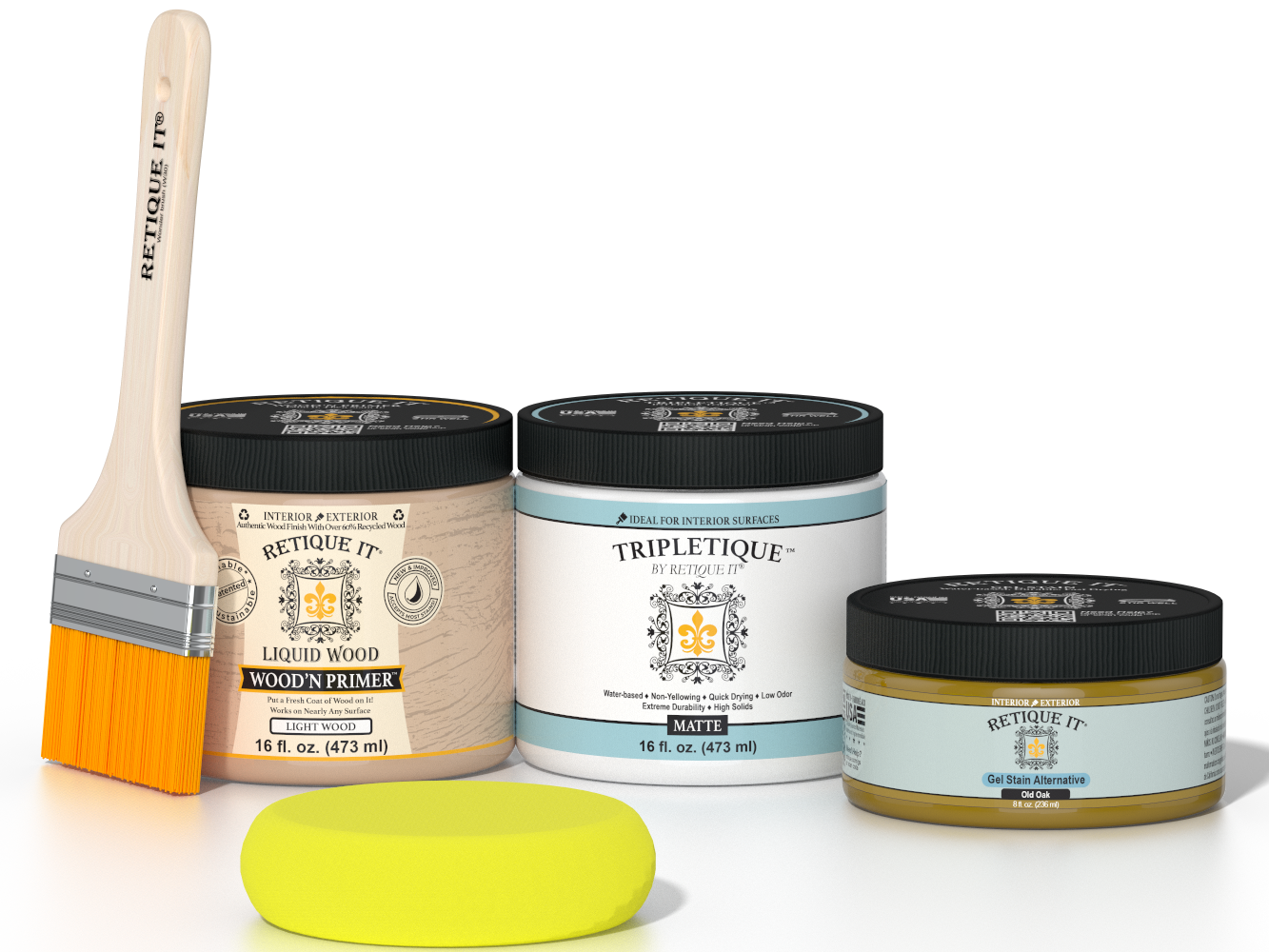 Retique It® Old Oak Brush-On Kit with Matte TripleTique® includes a brush, Light Wood primer, Old Oak Gel Stain Alternative, Matte TripleTique® top coat, and a yellow sponge.