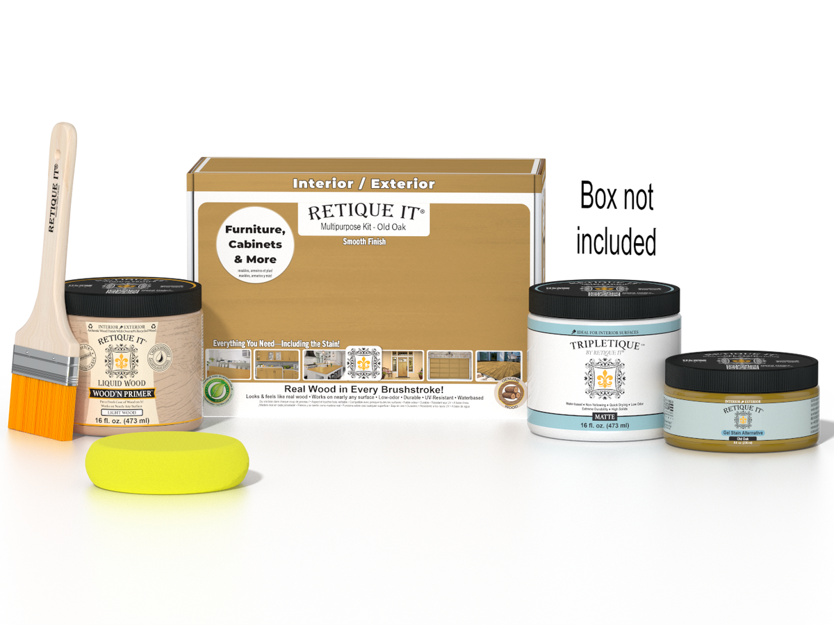 Retique It® Old Oak Brush-On Kit shown with the Old Oak Multipurpose Kit box, brush, Light Wood primer, Old Oak Gel Stain Alternative, Matte TripleTique® top coat, and a yellow sponge.