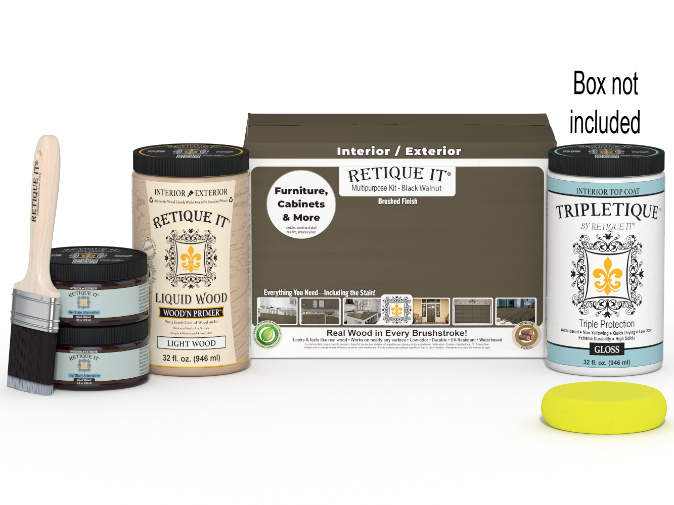 Retique It® Multi-purpose Smooth Finish Kit Large in Black Walnut with interior top coat gloss, showing wood finish and application tools.