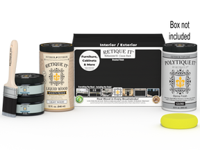 Retique It® large black wood finish kit with smooth exterior top coat in gloss, includes application tools and instructions.