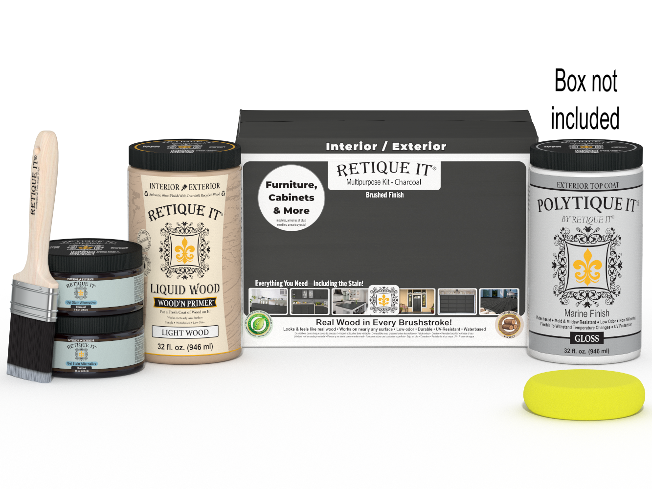 Large Charcoal Multi-purpose Smooth Finish Kit by Retique It® for exterior wood projects, includes top coat and application tools.