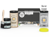 Large charcoal wood exterior top coat from Retique It® Multi-purpose Smooth Finish Kit, shown in open box with application tools.