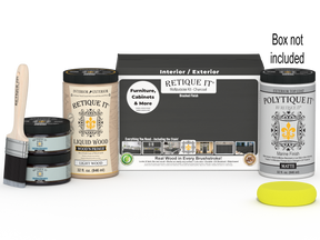 Large charcoal wood exterior top coat from Retique It® Multi-purpose Smooth Finish Kit, shown in open box with application tools.