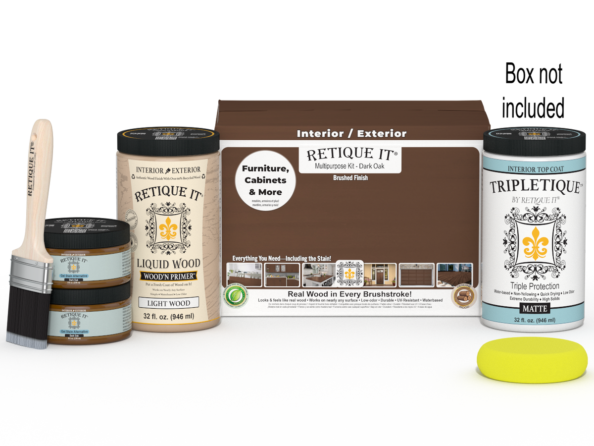 Retique It® Multi-purpose Smooth Finish Kit in Dark Oak for interior wood projects, includes top coat and application tools.