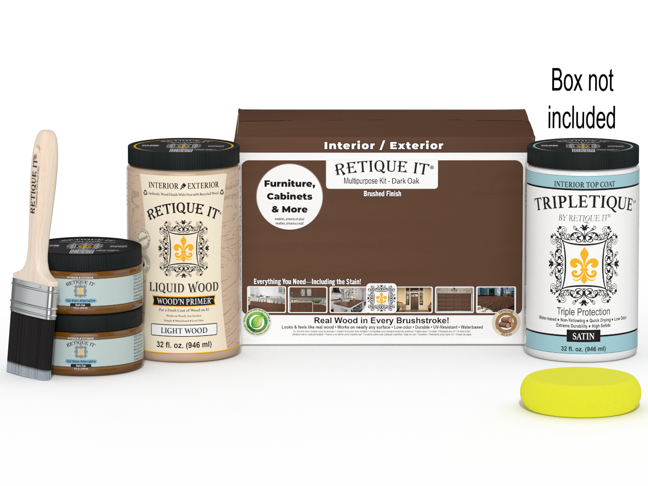Large Dark Oak wood finish kit by Retique It® with interior top coat and tools for smooth wood surface application.
