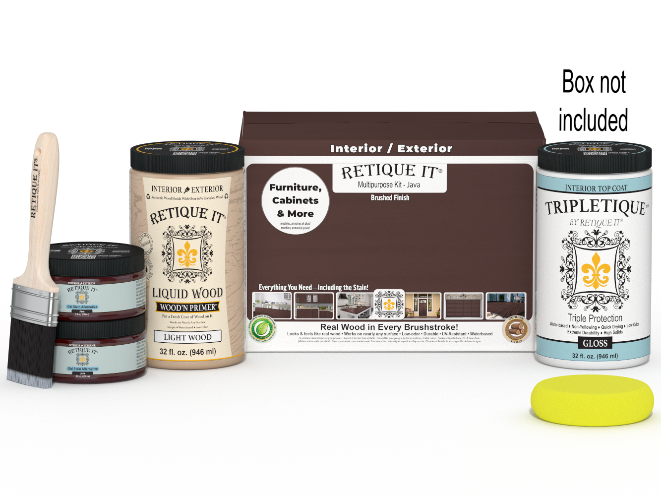 Large Java Multi-purpose Smooth Finish Kit by Retique It® for wood interior top coating with included tools and materials.