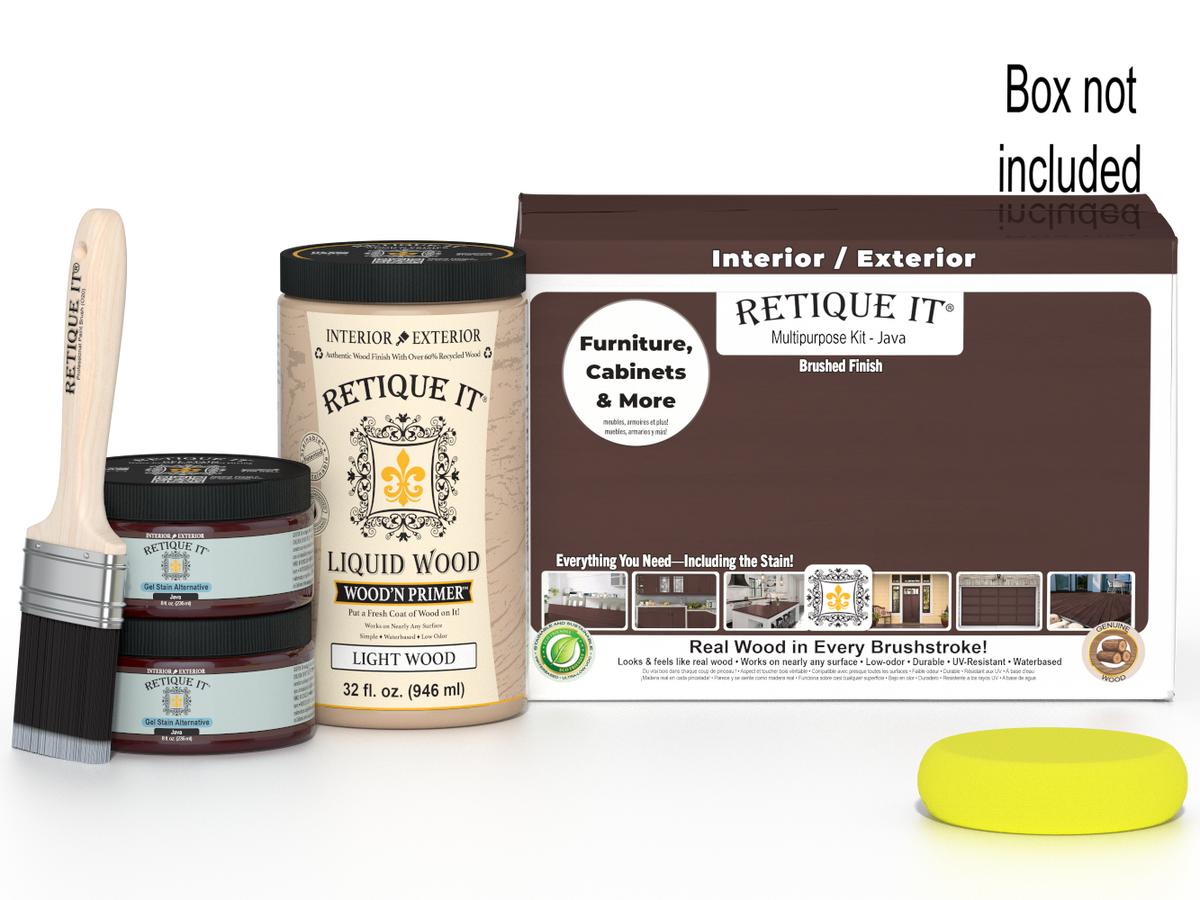 Large Java wood finish kit from Retique It® with smooth finish and multiple tools, displayed in box.