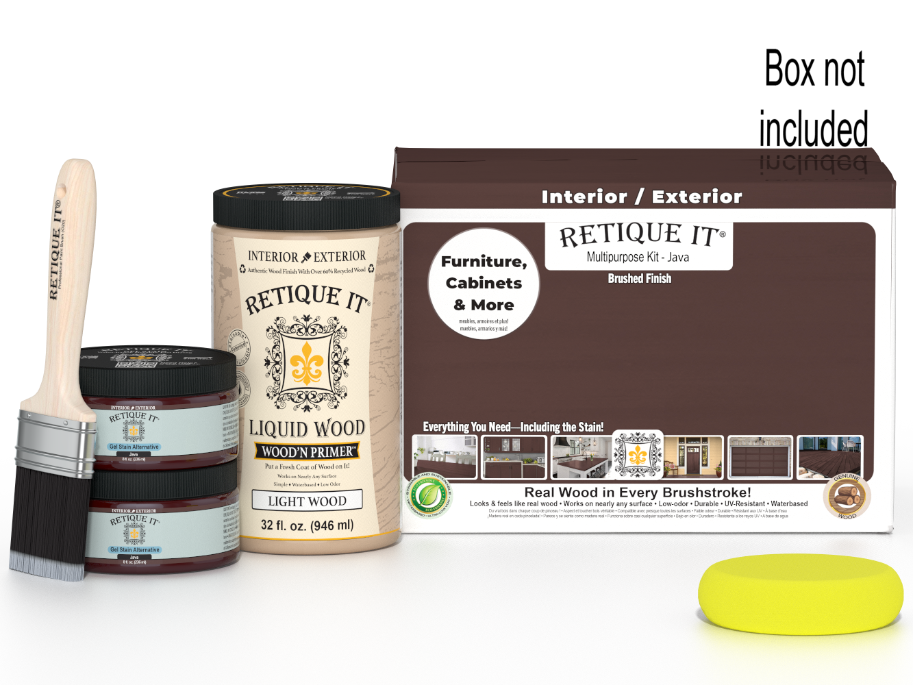 Large Java wood finish kit from Retique It® with smooth finish and multiple tools, displayed in box.