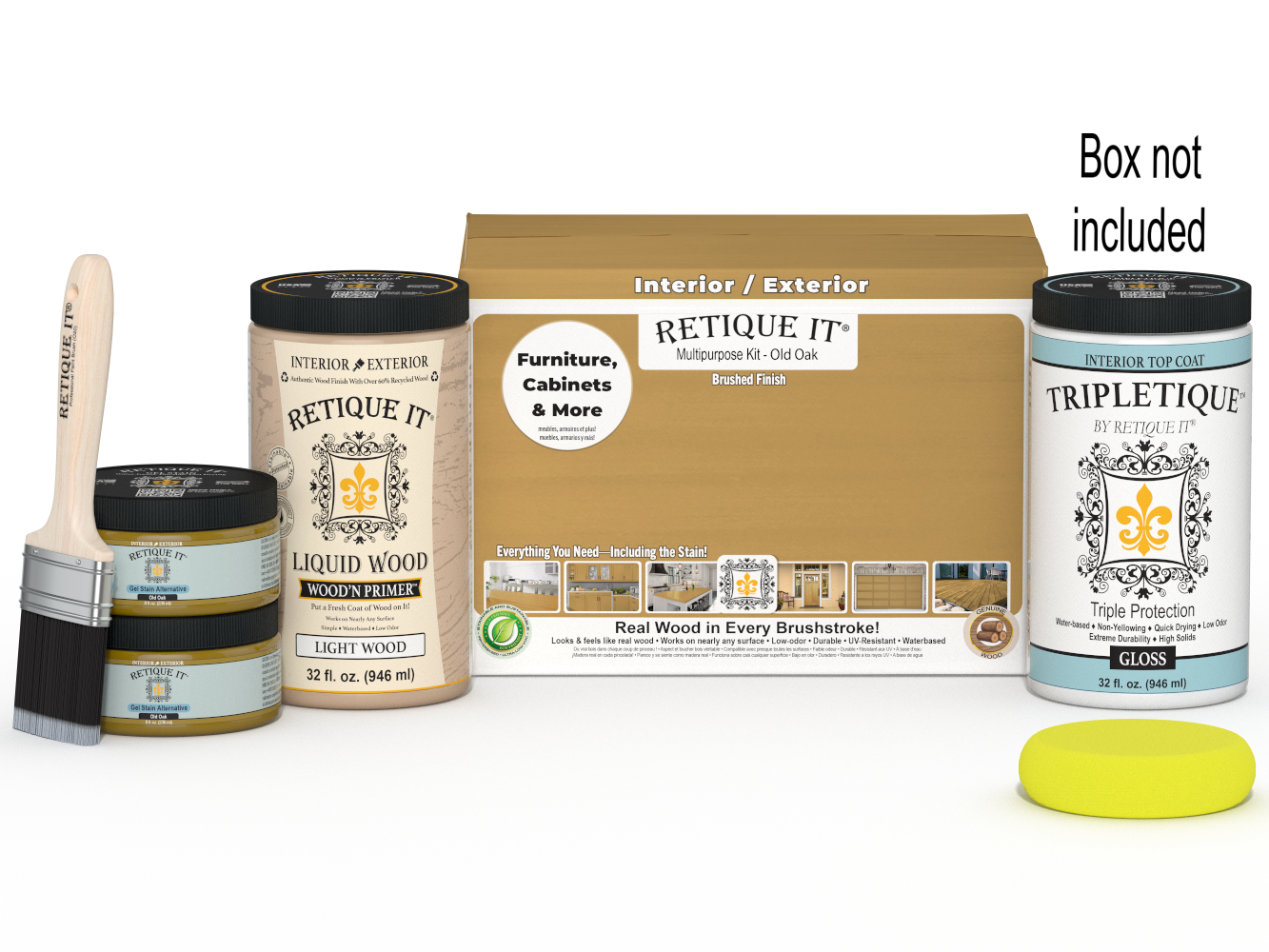 Large Old Oak wood finish kit with gloss top coat from Retique It®'s Wood'n Finish Kits, including brushes and supplies in a box.
