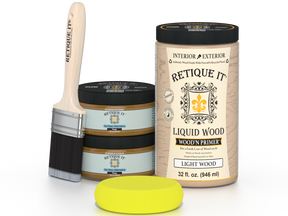 Retique It® Multi-purpose Smooth Finish Kit (Large) in Pecan wood finish, shown with application tools on a wood surface.