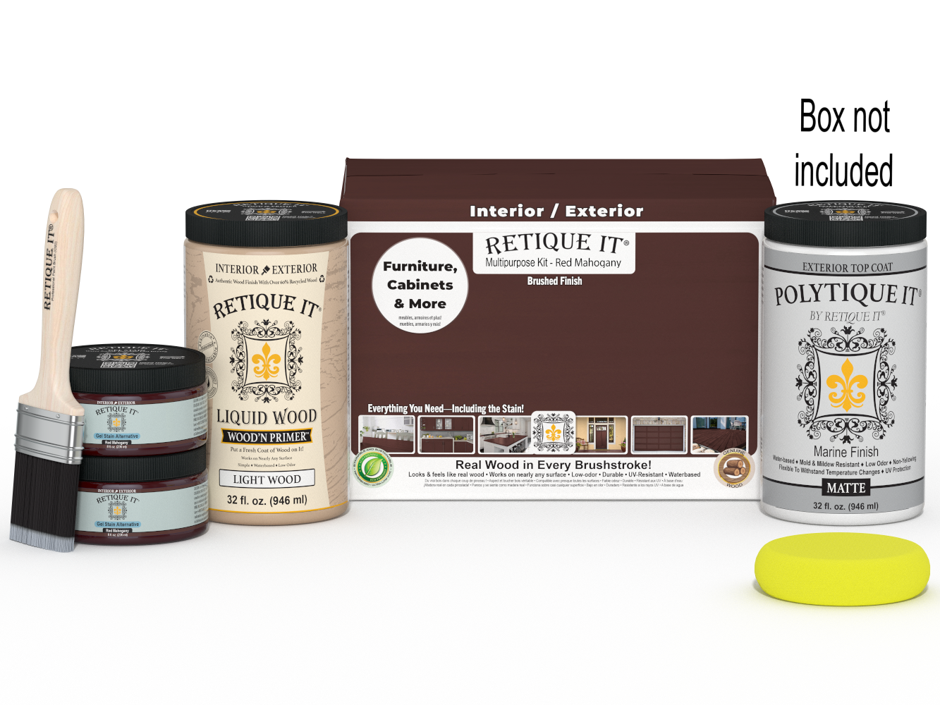 Retique It® Multi-purpose Smooth Finish Kit (Large) in Red Mahogany for exterior wood top coating, including tools and materials.