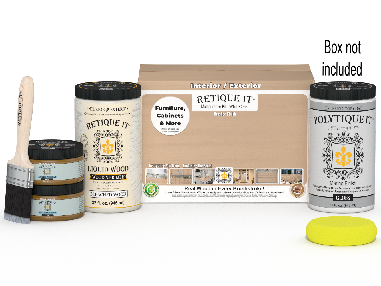 Large white oak wood finish kit by Retique It® with exterior gloss top coat and smooth finish, ideal for multi-purpose woodworking projects.