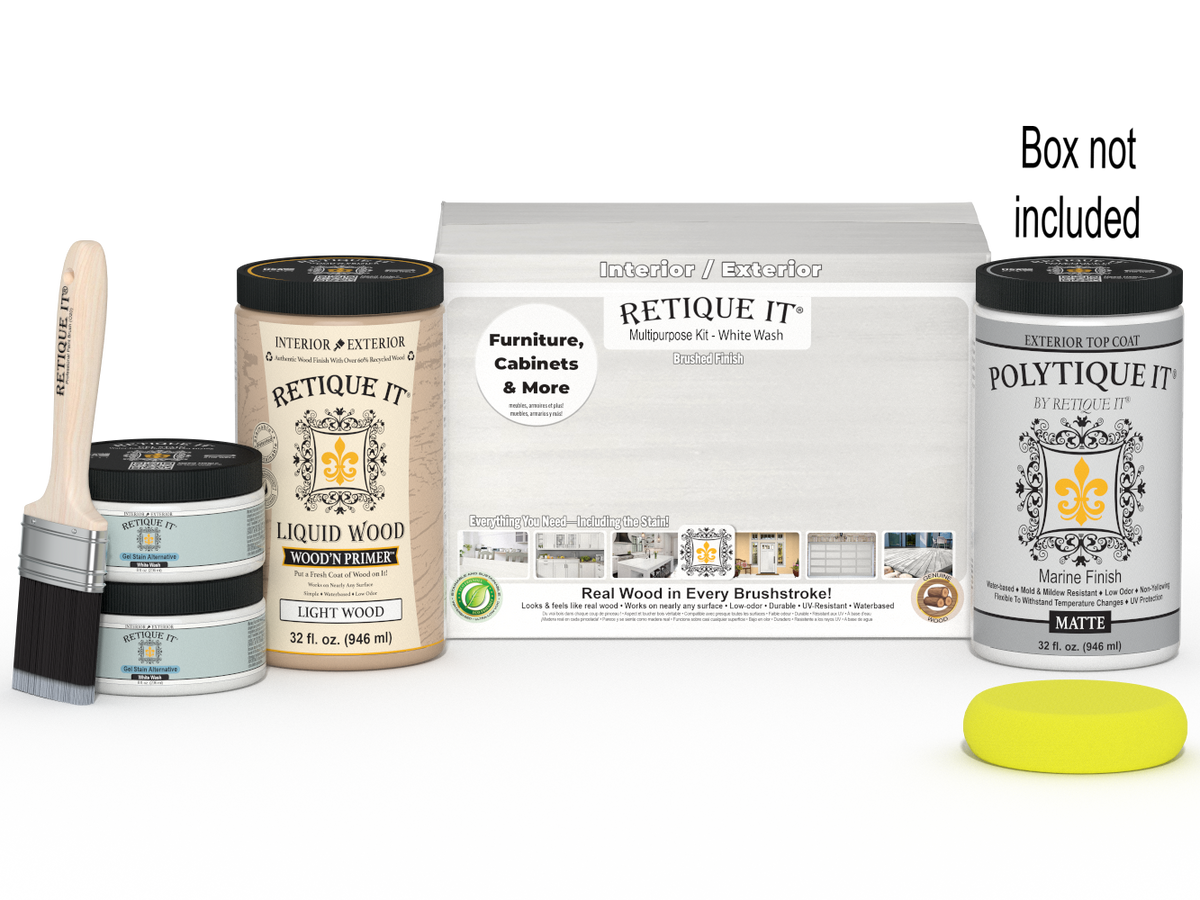 Large White Wash Multi-purpose Smooth Finish Kit for exterior wood, includes top coat and application tools, by Retique It®.