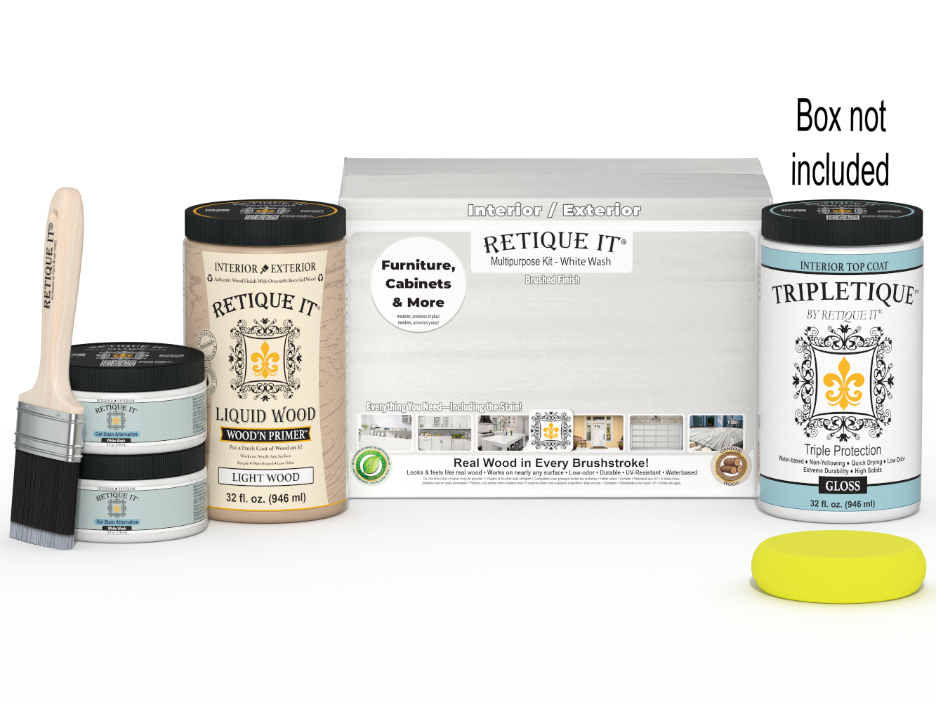Large white wash interior wood finish kit from Retique It® with gloss top coat and smooth finish, includes application tools and materials.