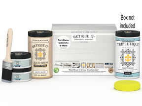 Large white wash interior wood finish kit by Retique It® with smooth finish and top coat, shown in packaging with tools and product labels.