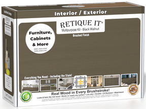 Retique It® Multi-purpose Smooth Finish Kit in Black Walnut for interior wood top coating, includes application tools and finish components.