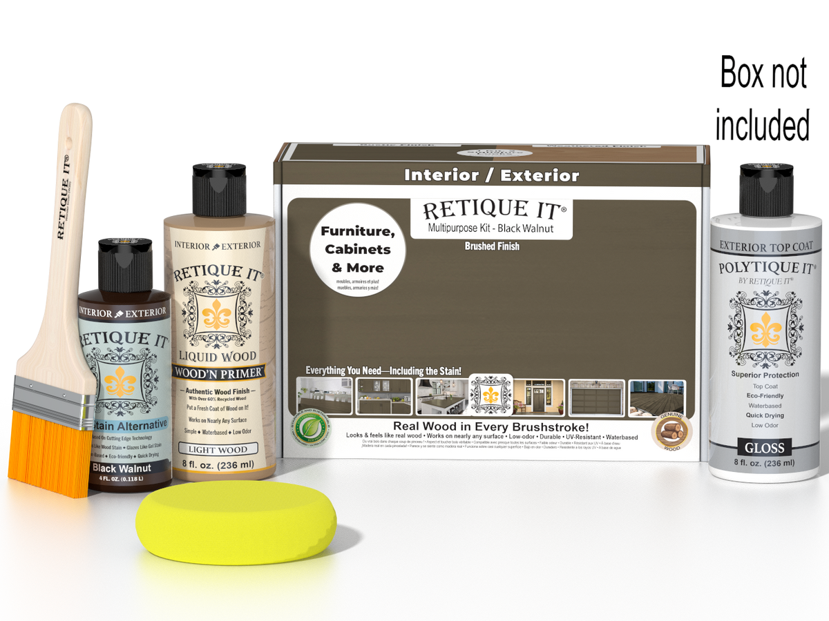 Retique It Wood'n Finish Kit in Black Walnut with exterior top coat, featuring smooth finish for wood projects.