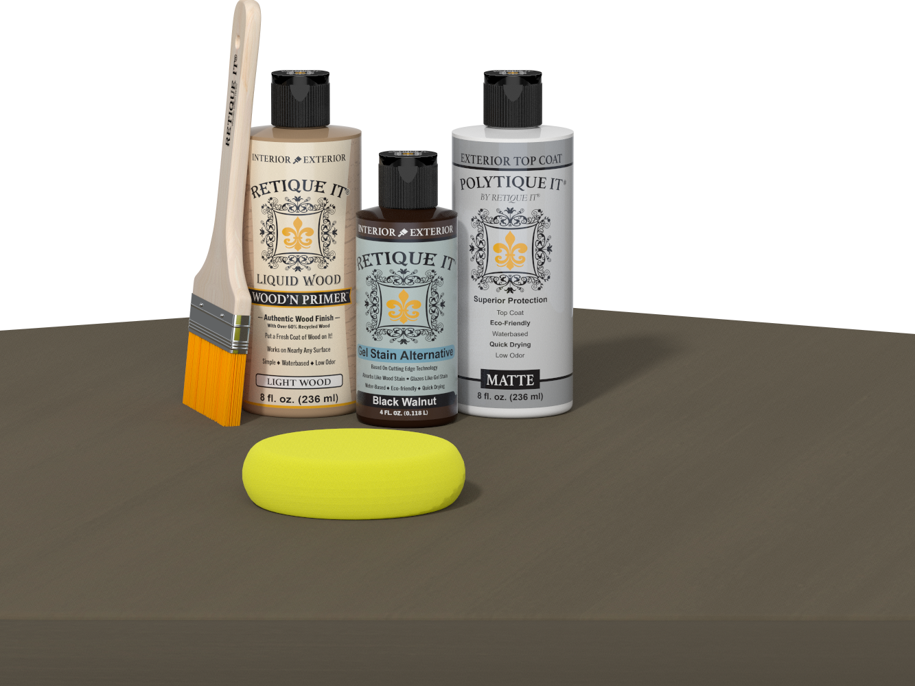 Wood'n Finish Kits black walnut exterior top coat in a multi-purpose smooth finish kit, shown in a table setting.
