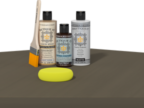 Wood'n Finish Kits black walnut exterior top coat in a multi-purpose smooth finish kit, shown in a table setting.