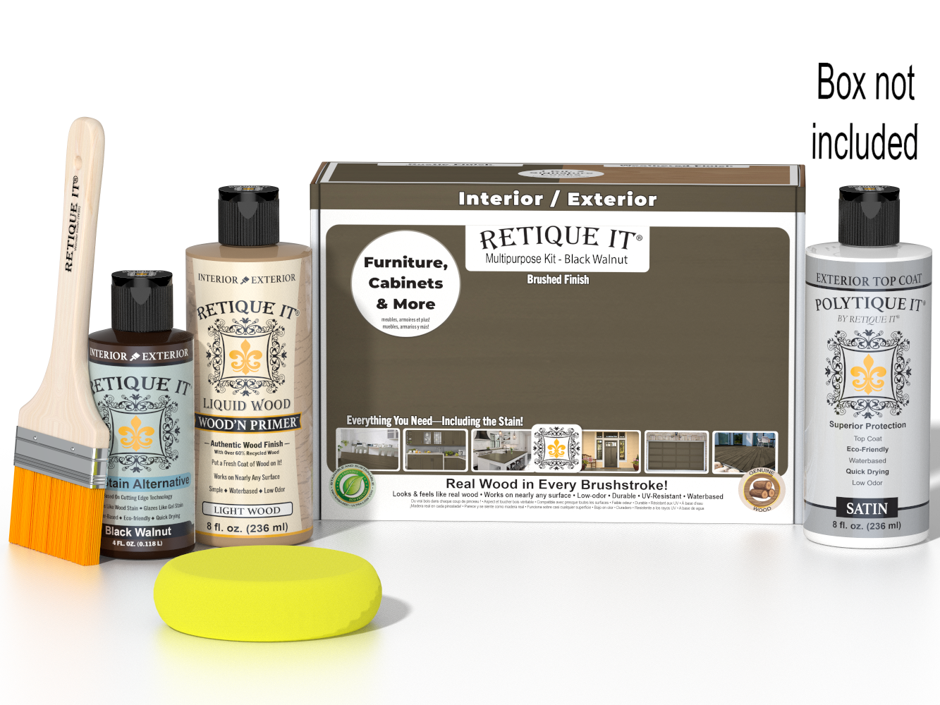 Black Walnut wood finish kit by Retique It®, featuring smooth exterior top coat for multi-purpose wood projects.