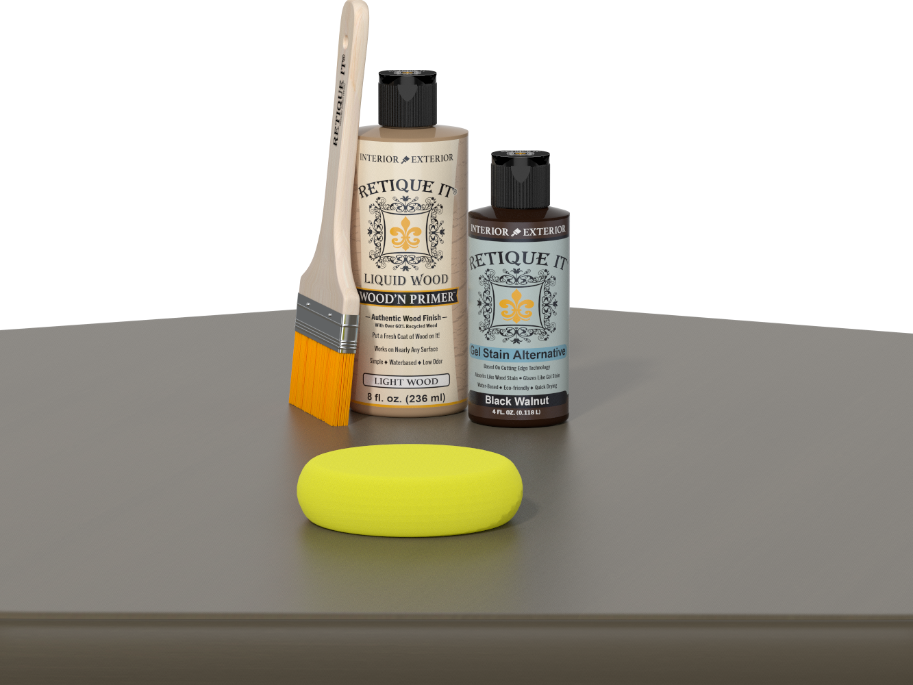Retique It® Black Walnut Multi-purpose Smooth Finish Kit with wood finishing tools and supplies shown on a table.