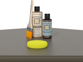 Retique It® Black Walnut Multi-purpose Smooth Finish Kit with wood finishing tools and supplies shown on a table.