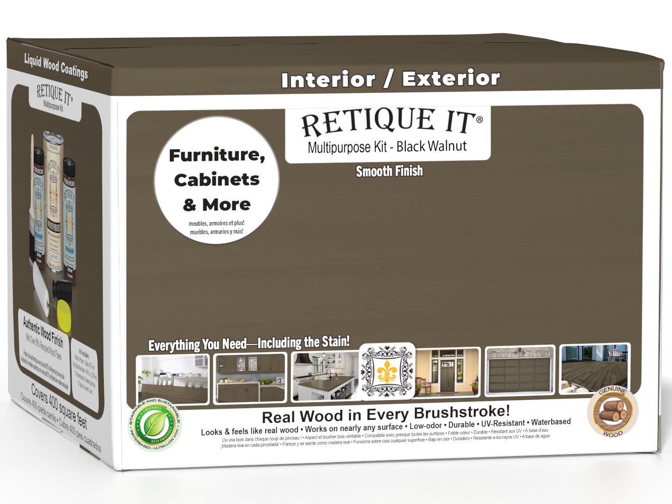 Retique It® wood finish kit with four black walnut interior top coat bottles in a box, showcasing smooth finish for wood projects.