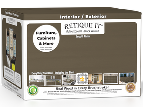 Retique It® Black Walnut Multi-purpose Smooth Finish Kit (4x large) for wood projects, showing the kit box with finish applications.