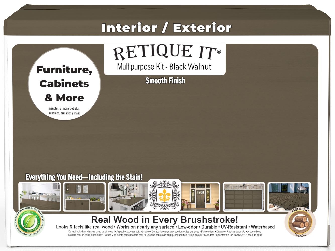 Retique It® Wood'n Finish Kits black walnut interior top coat in a multi-purpose smooth finish kit with four large containers.