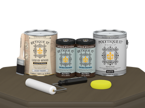 Retique It® Black Walnut Multi-purpose Smooth Finish Kit with four large exterior top coat bottles on a wooden table.
