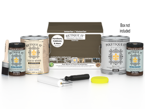 Retique It® Black Walnut Multi-purpose Smooth Finish Kit with 4 large exterior top coat bottles in matte finish on a box.