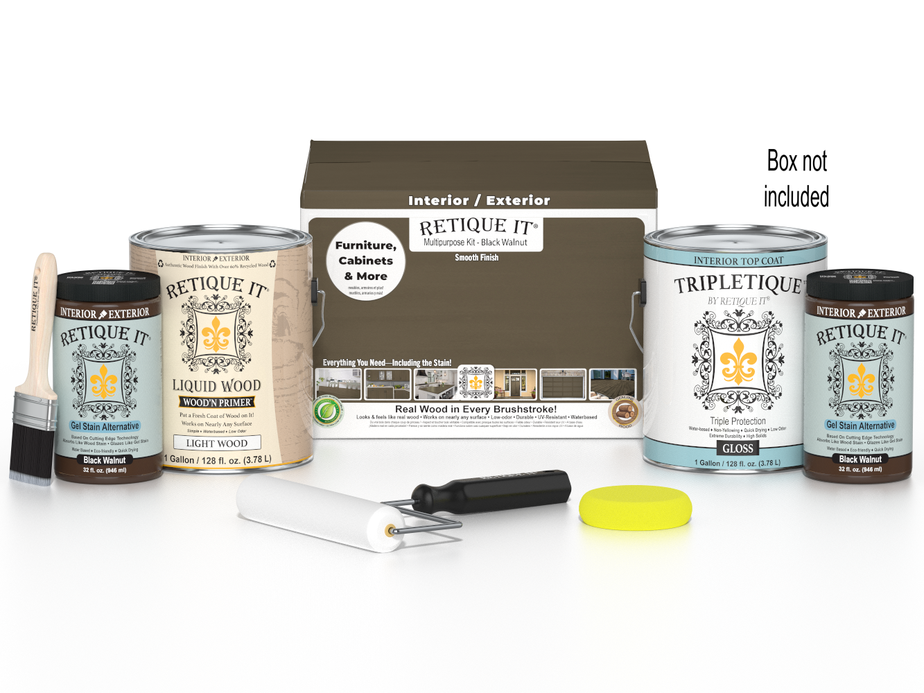 Retique It® Black Walnut multi-purpose smooth finish kit with four large interior top coat bottles and application tools.