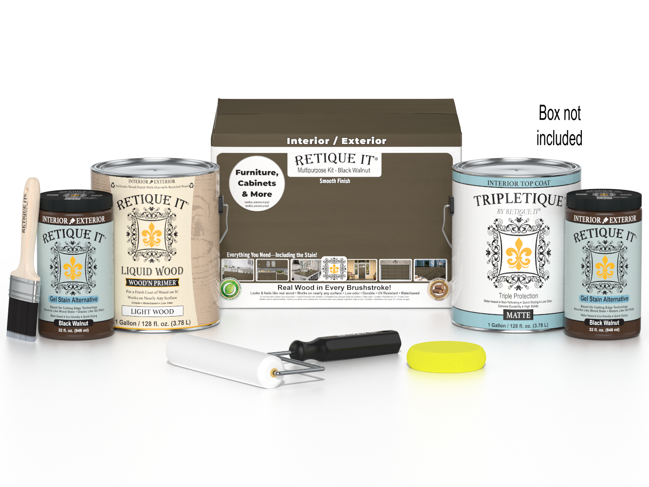 Retique It® Multi-purpose Smooth Finish Kit in Black Walnut for interior wood projects, includes four large top coat bottles.