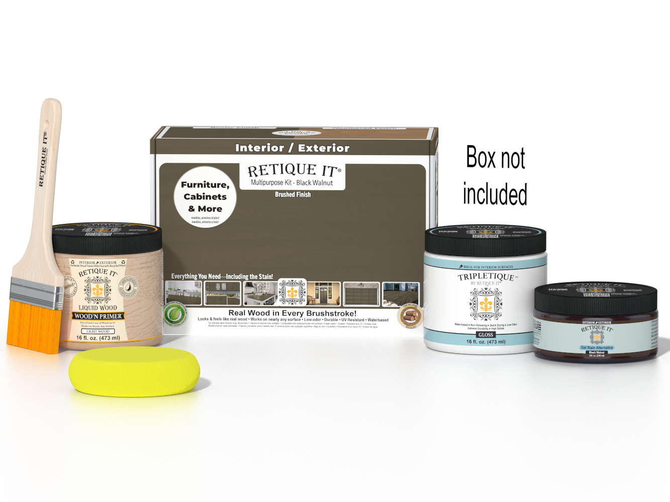 Retique It® Multi-purpose Smooth Finish Kit in Black Walnut for interior top coat with gloss, featuring wood finish and application tools.