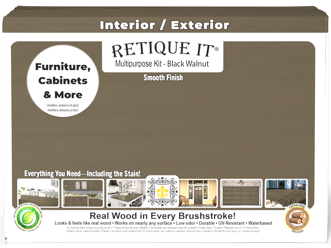 Retique It® Large Black Walnut Multi-purpose Smooth Finish Kit with exterior top coat, matte finish, for wood furniture and surfaces.