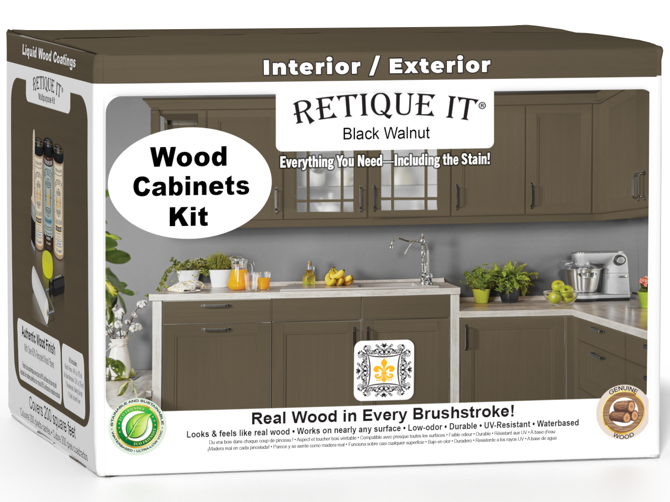 Black Walnut Wood'n Cabinet Kit with 24 smooth doors by Retique It®, shown in a 3D cabinet box image