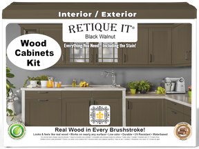 Front view of Retique It® Wood'n Cabinet Kit with 24 black walnut stained cabinet doors, smooth finish, for kitchen or bathroom.
