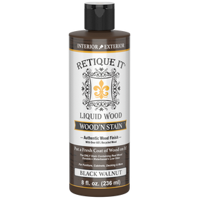 Retique It® Liquid Wood Wood'n Stain in Black Walnut, 8 oz bottle, showcasing dark walnut wood stain for furniture and crafts.