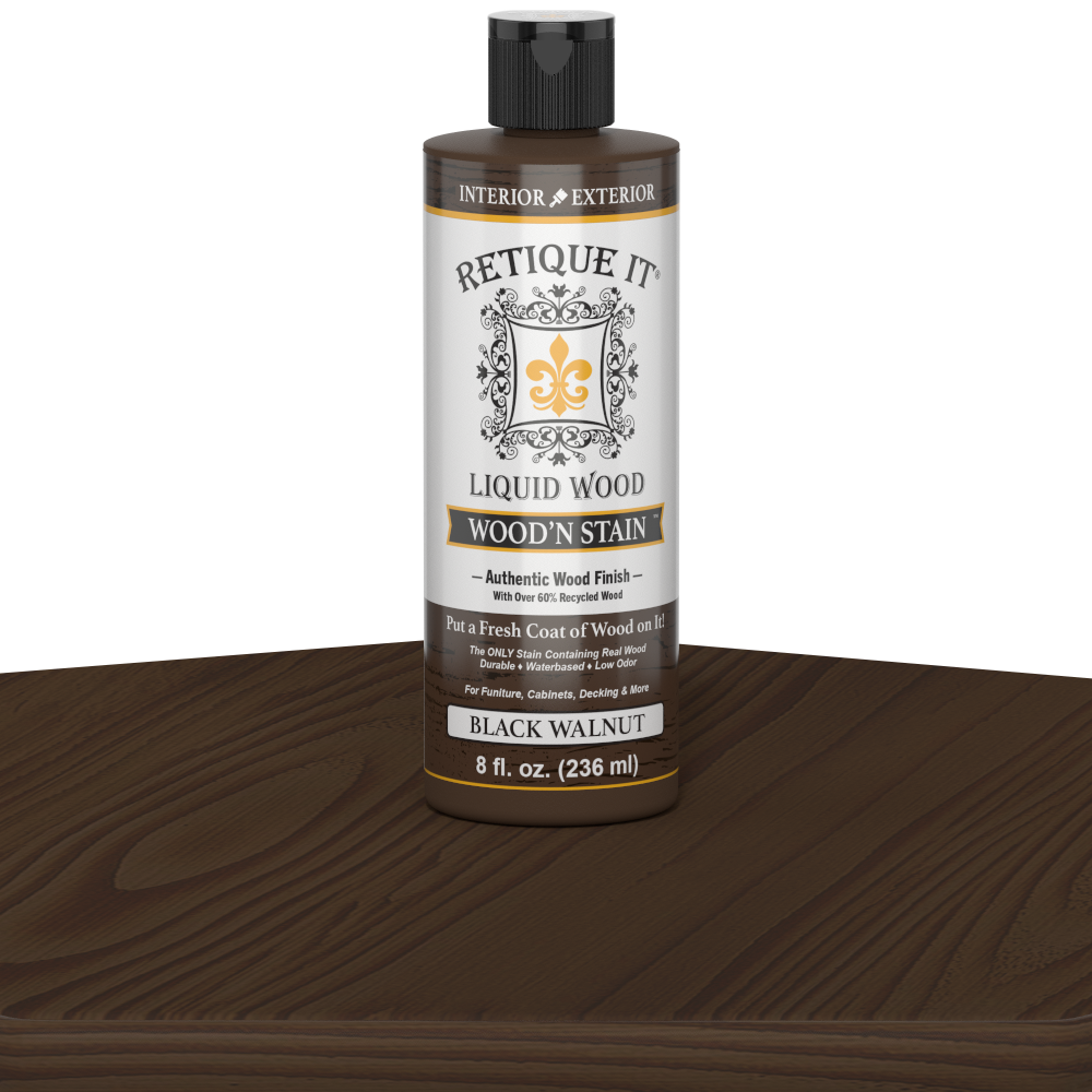 Retique It® Liquid Wood Wood'n Stain in 8 oz Black Walnut bottle, showing the dark stain color and product label.