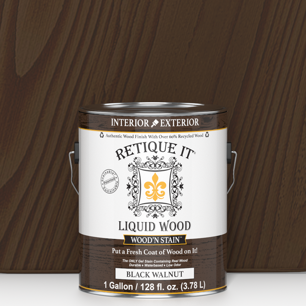 Retique It® Liquid Wood Wood'n Stain in Black Walnut, 128 oz, showing the dark wood stain liquid in a clear container.
