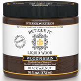 Retique It® Liquid Wood Wood'n Stain in Black Walnut, 16 oz bottle, showing the dark wood stain application on a surface.
