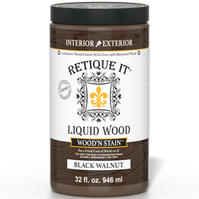 Retique It® Liquid Wood Wood'n Stain in Black Walnut, 32 oz bottle, showcasing the rich, dark stain color and packaging.